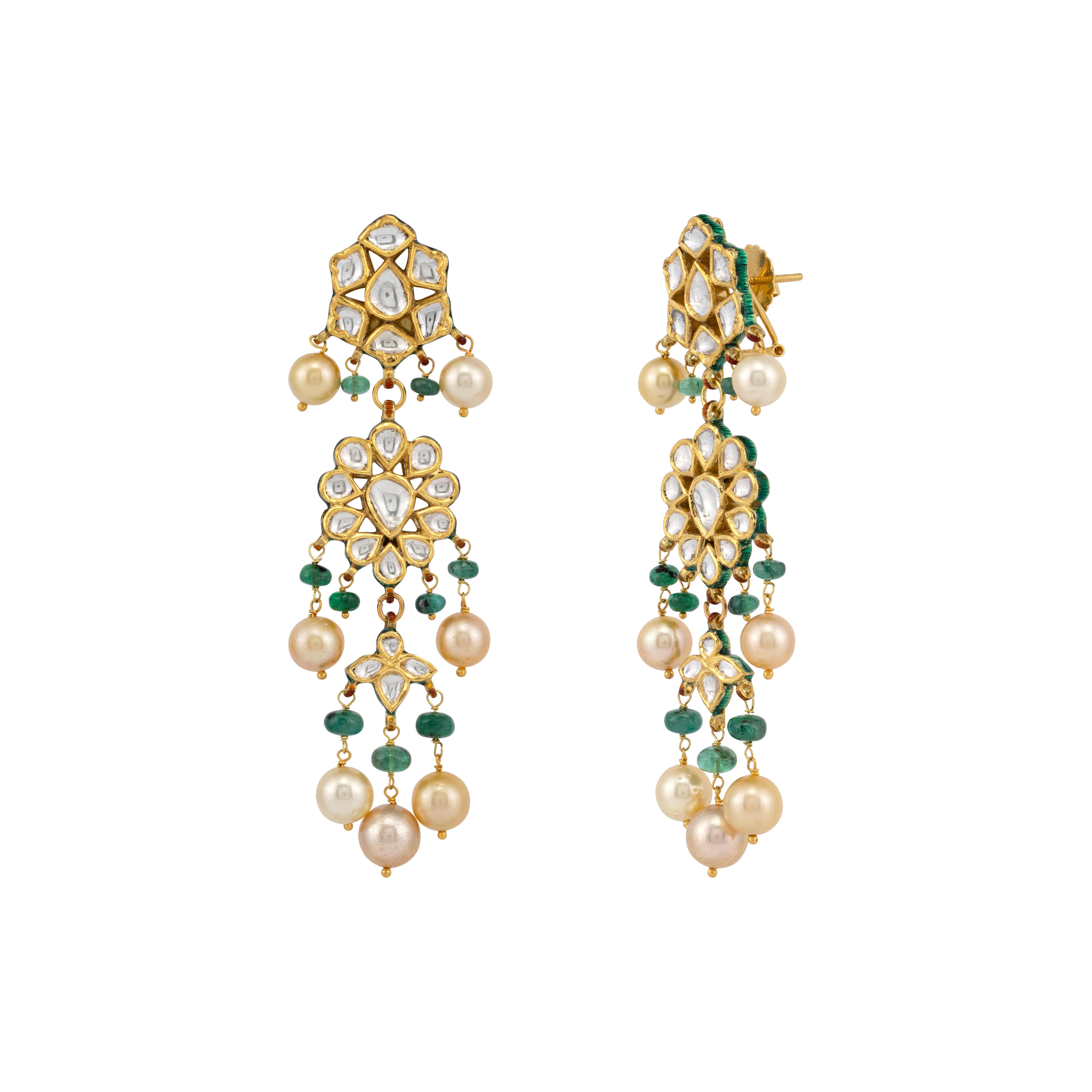 Polki Drop Earrings with Pearls and Emerald Beads